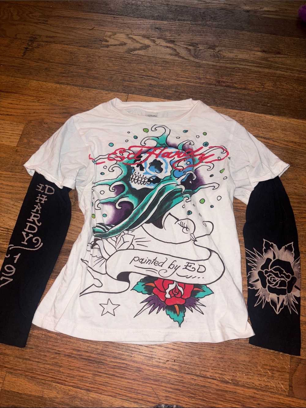 Ed Hardy White Long Sleeve Graphic tee